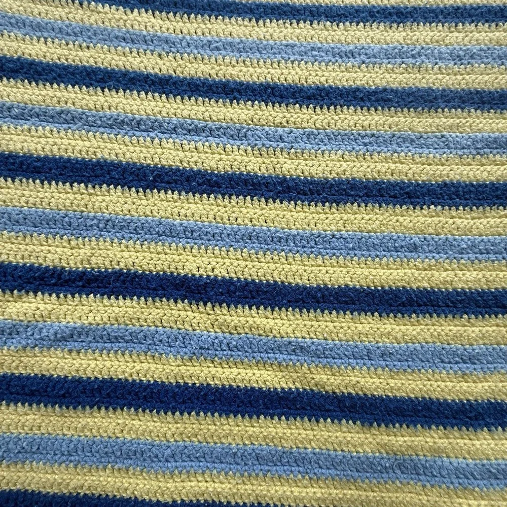 Handmade Crochet Striped Afghan 98x53 Blue Yellow Large Blanket Throw Fringe